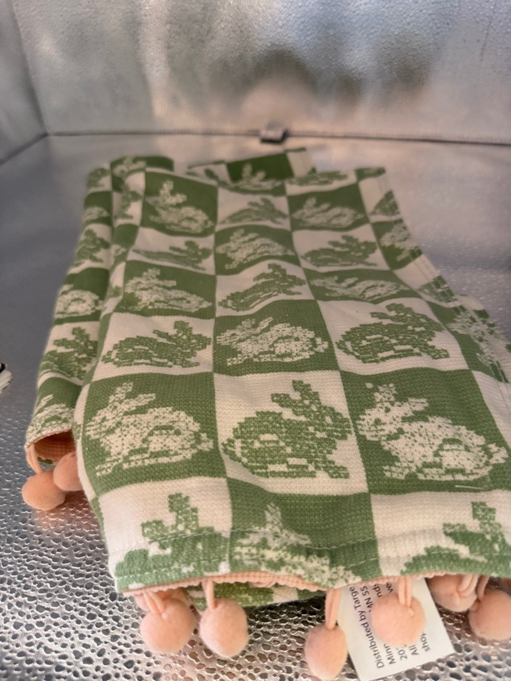Threshold Green and White Bunny Check Kitchen Towel with Pom-Pom Trim